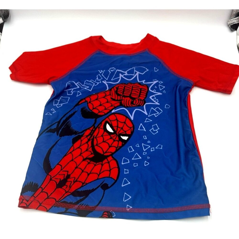 Marvel Spider-Man Rash Guard Swim Shirt Kids Size 5/6 Red Blue Short Sleeve UPF